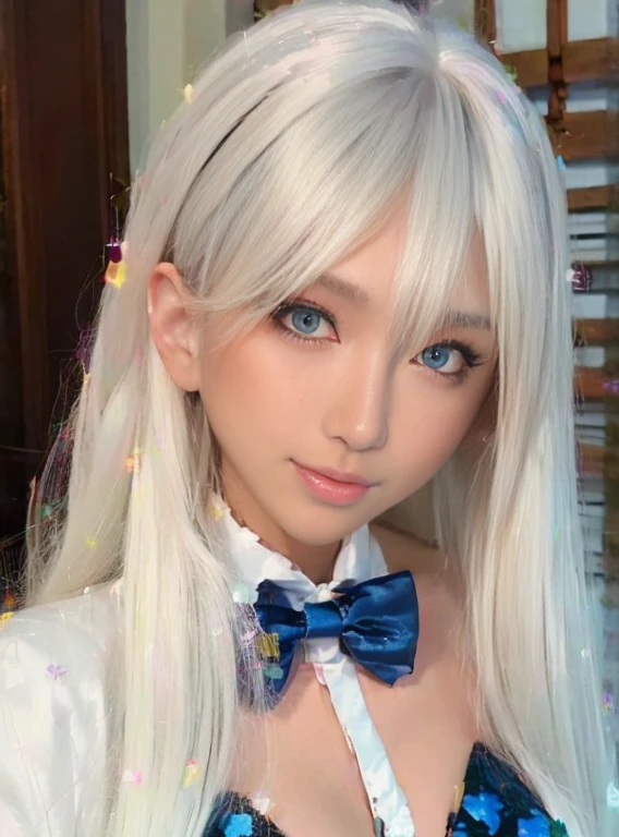 Authentic photo quality、Extraordinary beauty、Gentle and cheerful look、lustrous beautiful skin、White muscle、Sexy and refreshing perfect beautiful cute face、Glowing bangs、Super Long Platinum Blonde Straight Silky Hair、Very cute 18 year old beautiful girl、Big beautiful blue eyes、School Uniforms、