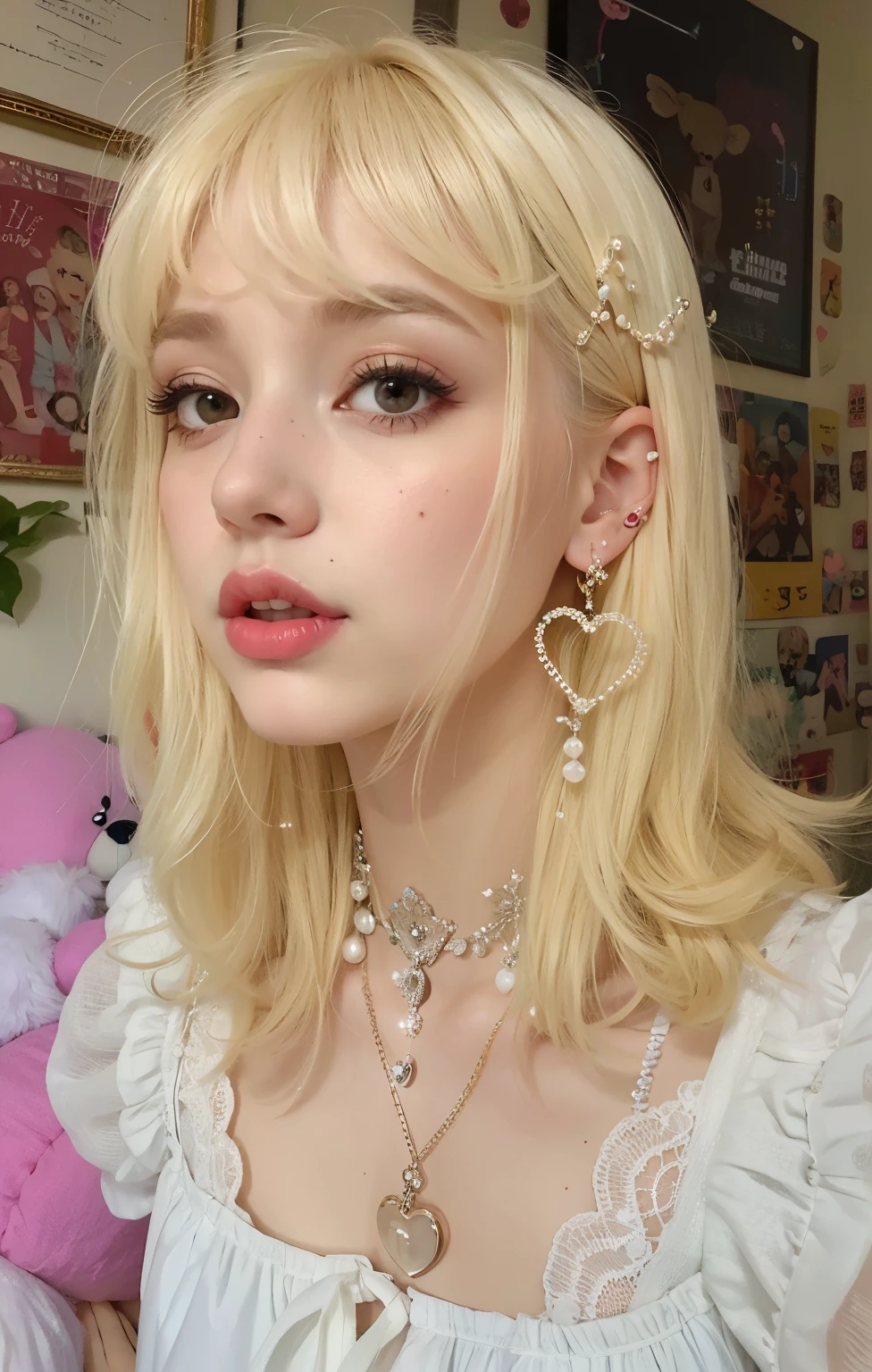 blonde girl with white dress and earrings and a teddy bear, brincos enormes e maquiagem queer, franja branca, branco hime corte penteado, linda Delphine, wearing pearl earrings, pastel goth aesthetic, bubble gothic makeup, extremely pale blond hair, small heart - shaped face, uma menina com cabelo loiro, kawaii aesthetic, goth girl aesthetic, sardas brancas
