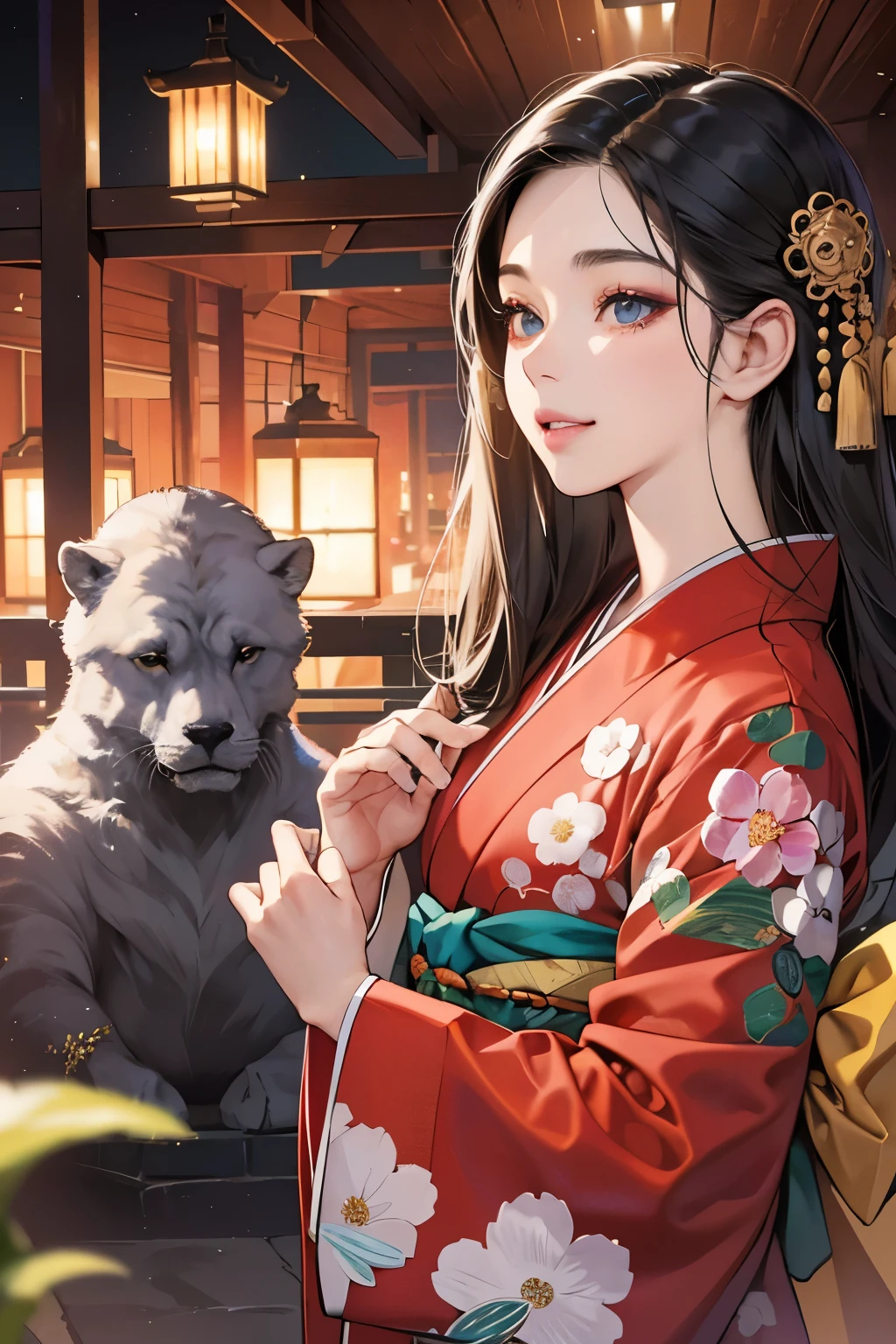 (masutepiece, Digital Art, Digital Illustration, 4K, 8K, Ultra-detailed, beautiful image, Sharp Image, Photorealistic, Raw photo, Perfect face, Perfect lines, Perfect eyes, Soft lighting) ,1 woman, (Black hair,straight haired,Bullish gaze,Beautie,ellegance,Solid makeup,23 y-o woman,small tits:1.3),スーツ姿のハンサムなember性2人, (ember,ember性はスーツ姿,well-muscled,Firm shoulder width, emberの,Boyish hairstyle,English gentlemanly style,クールな表情の30代ember性,明るい笑顔の28歳ember性:1.2),Show white teeth and smile(embarrassed from,Shy smile:1.1),(Nervous,be shy,sleepy,embarrassed from:1.1),Open your thin mouth,innocent smiles,Looking at the camera,Dating,Japan Traditional Evening Kimono,raise arms,Black floral kimono,Hot Spring Ryokan、bamboo forest garden、the kiss、a couple、a couplethe kiss、Romance、
