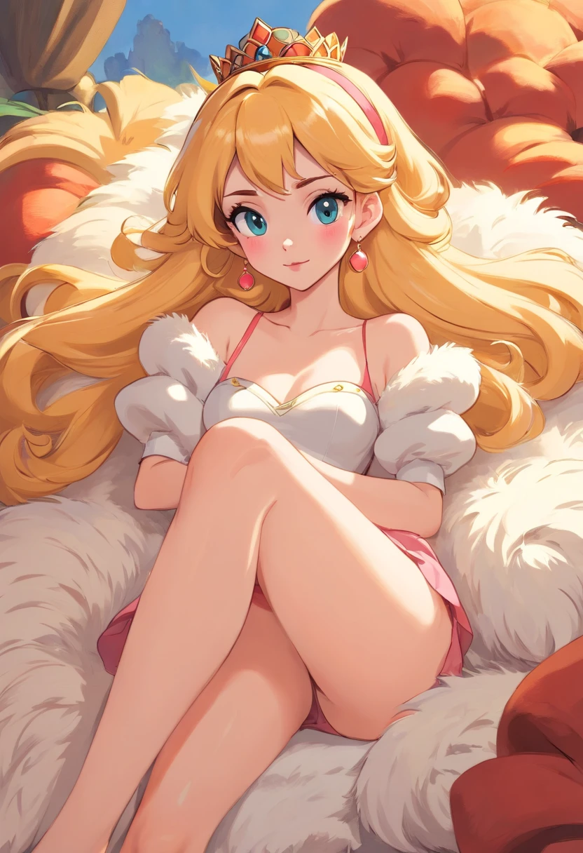 (( scene, princess Peach, laying comfortably on fur,)), Edgar Degas/Tomer Hanuka, facing viewer, line weight, portrait of a majestic woman, soft lips, detailed face, masterpiece, highly detailed, elegant, intricate, by John Harris and Gwen John and Caspar David Friedrich and Alphonse Mucha, illustration from ((pulp magazine)), painterly