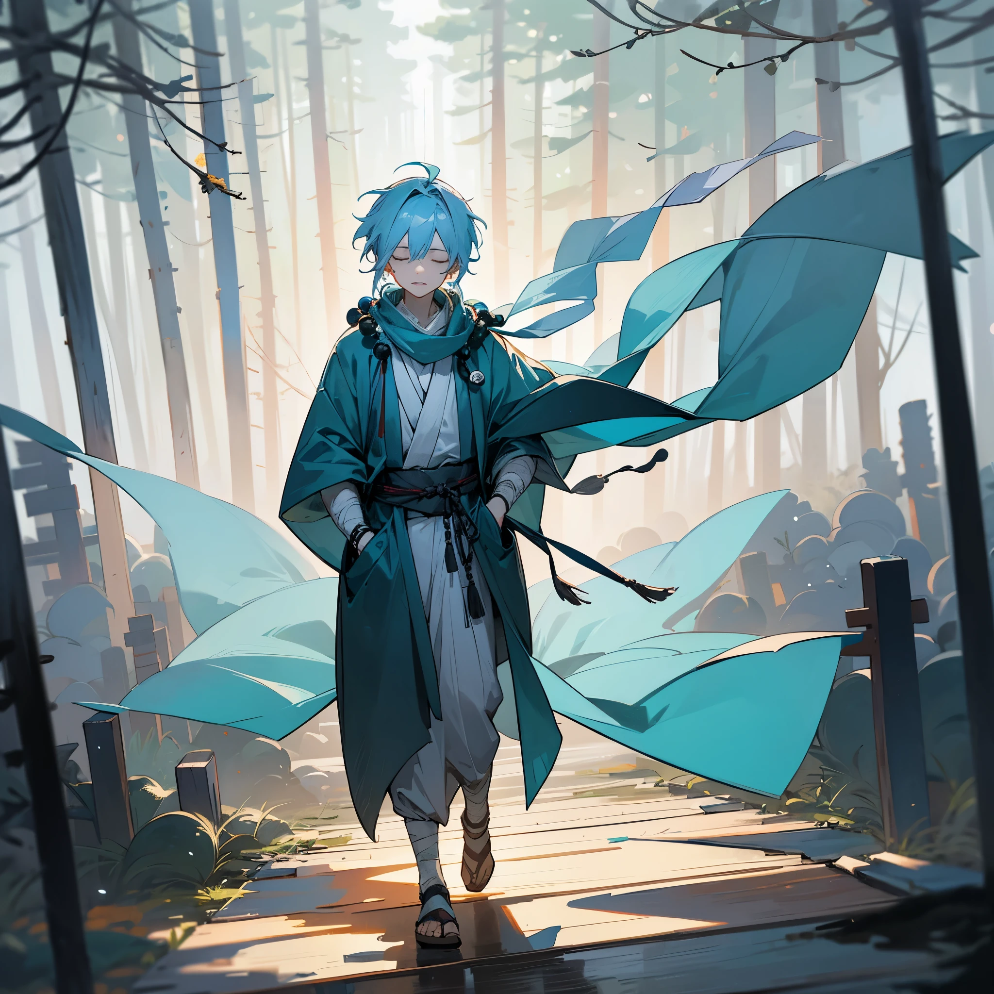 1male, , messy medium length pale blue hair, closed eyes, walking down path, ronin clothing, bandages wrapped around arms, best light and shadows, posing with hands in pockets, dark forest, lanterns, poncho, prayer beads, prayer beads bracelet