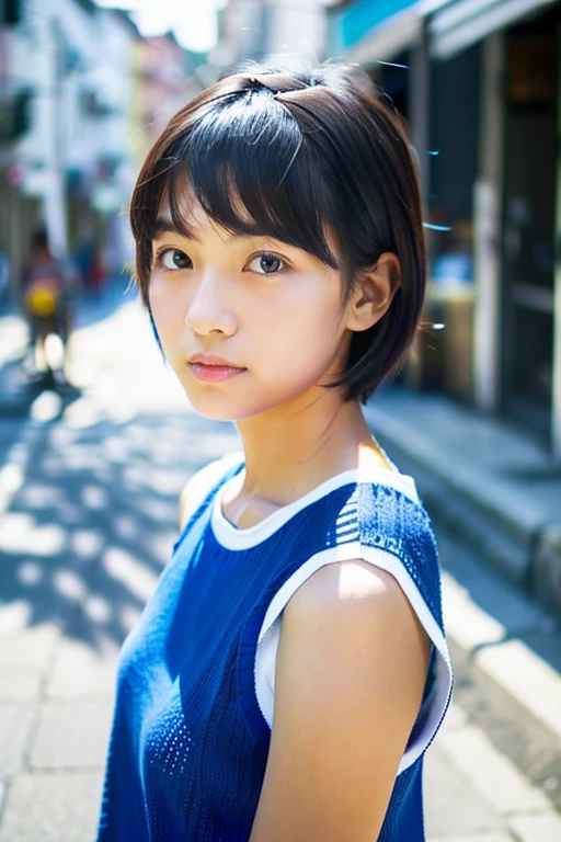 (Beautiful girl wearing a blue summer knit)、japanes、terraces、(14years)、Spinning、((boyish short athlete hair))、looks to the side、look away from the camera、