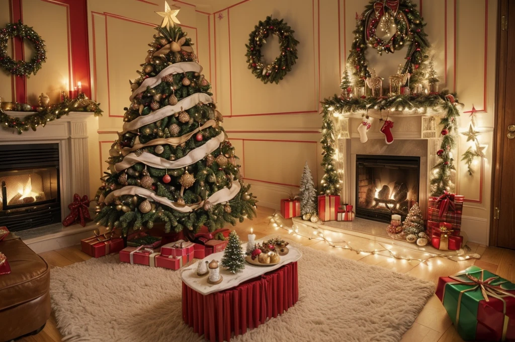 (Masterpiece: 1.2), (Long shot: 1.8), Vibrant colors, magical atmosphere, whimsical, ((starry sky with North Star shining)), (European style interior house, Christmas decorations, fireplace with residual warmth , colored lights hanging on the stairs, gifts wrapped in colorful under the Christmas tree, pile of gifts on the floor, wooden floor, decorated pine tree, parquet floor, mantel, red and green, Christmas atmosphere, traditional Christmas, Festive atmosphere, Merry Christmas, gift tags, Christmas wreaths, decorations, tinsel ribbons, Christmas tree lights, candies, gingerbread men, lights), (The room is decorated in a strong Christmas atmosphere. A string of shining ones hangs on the wall Colored lights, a Christmas wreath and a small snowman are placed on the windowsill, and a beautifully decorated Christmas tree stands in the corner of the room. (On the table, there are exquisite tableware and red plates. In the center of the table, there is a rich Christmas feast , next to a bottle of red wine and two exquisite wine glasses, bringing warmth and comfort to the entire room). (First Person View, Ultra HD, Masterpiece, Accurate, Anatomically Correct, Textured Skin, Super Detailed, High Detailed, High Quality, Award-Winning, Best Quality, 8K), Surreal, Psychedelic, Intricate Details, Textured, Ethereal, Dream-like, Soft Glowing Light, Mesmerizing Patterns, Fantasy Creatures, Hidden surprises, dreamlike landscapes, surreal color palette, mystical aura, surreal, enchanting journey, psychedelic trip, vivid imagination, immersive experience, mysterious creatures, otherworldly charm, glowing path, illuminated Magical Christmas, surreal sky, whimsical Christmas-themed room, a magical encounter, enchanting artwork, (super high saturation, vivid and bright: 1.8)