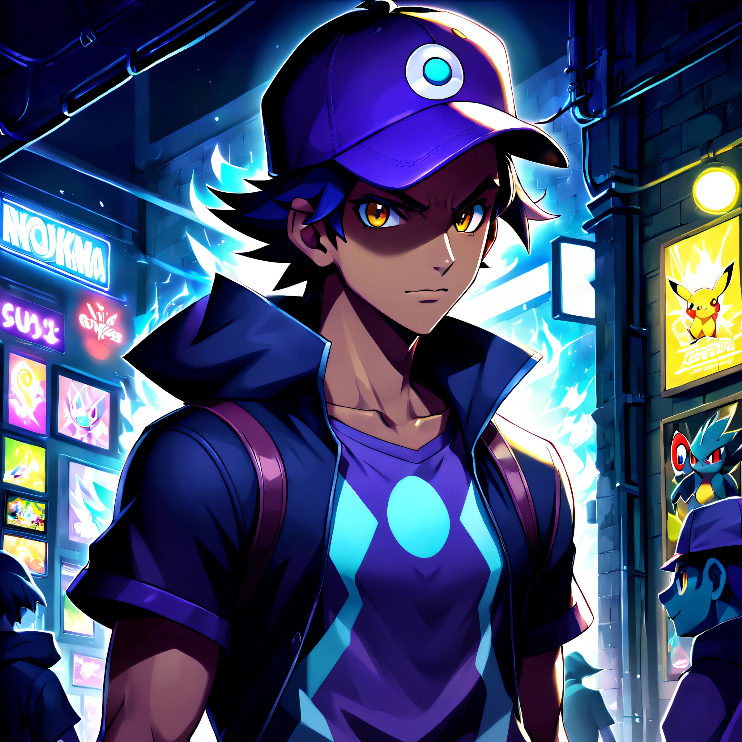 make me a dark and poison type Pokémon trainer, roupas muito detalhadas, keep the illustration like me, eu tenho barba baixa, cabelos castanho escuro, I want a more serious drawing and the character looks 25 years old, use como cores preto e roxo nas roupas, dando vida a tudo, fundo a combinar tanto ambiente quando luzes e sombras, excellent illustration and light, at studio level, take my facial features and create a beautiful illustration, quero que o desenho mostre dos joelhos pra cima, clothes matching dark type pokemon