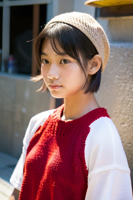 (Beautiful girl wearing red summer knit)、japanes、terraces、(ars)、Spinning、((boyish short athlete hair))、looks to the side、look away from the camera、
