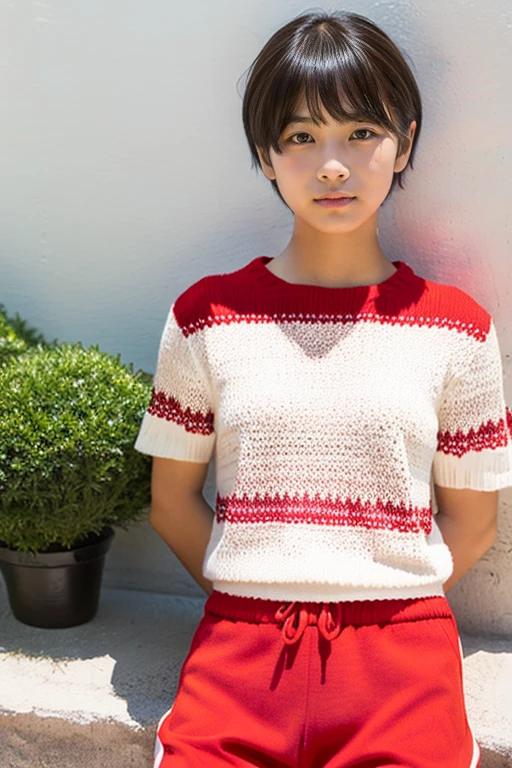 (Beautiful girl wearing red summer knit)、japanes、terraces、(14years)、Spinning、((boyish short athlete hair))、looks to the side、look away from the camera、