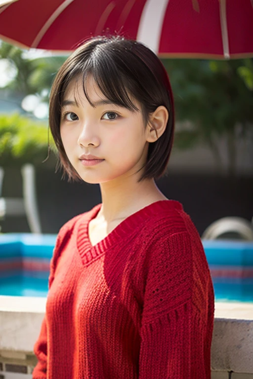 (Beautiful girl wearing red summer knit)、japanes、terraces、(14years)、Spinning、((boyish short athlete hair))、looks to the side、look away from the camera、
