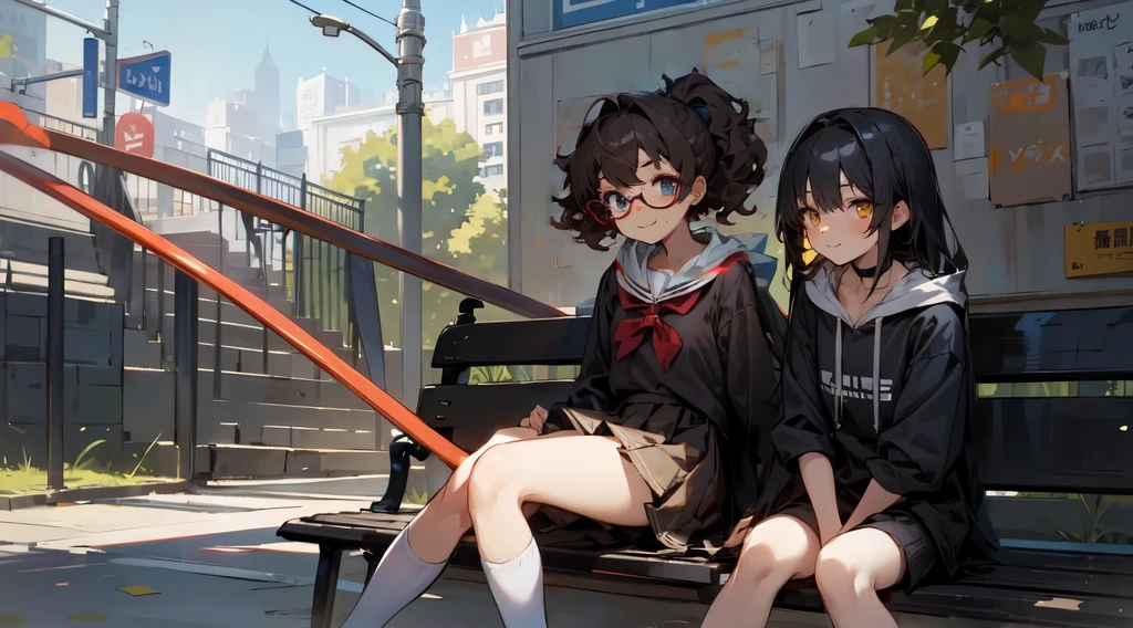 girl, dark brown hair, curly ponytail, glasses, looking to the right, beautiful eyes, happy, [slightly tanned]