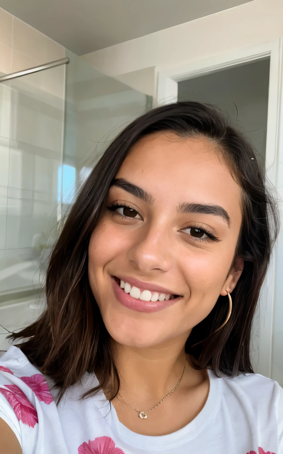photorealistic, sharp focus, raw photo, photo, beautiful 20 y.o latina-spanish girl, selfie, floral tshirt, detailed skin poreace texture, pores, (goosebumbs:0.7), in bathroom shy smile
