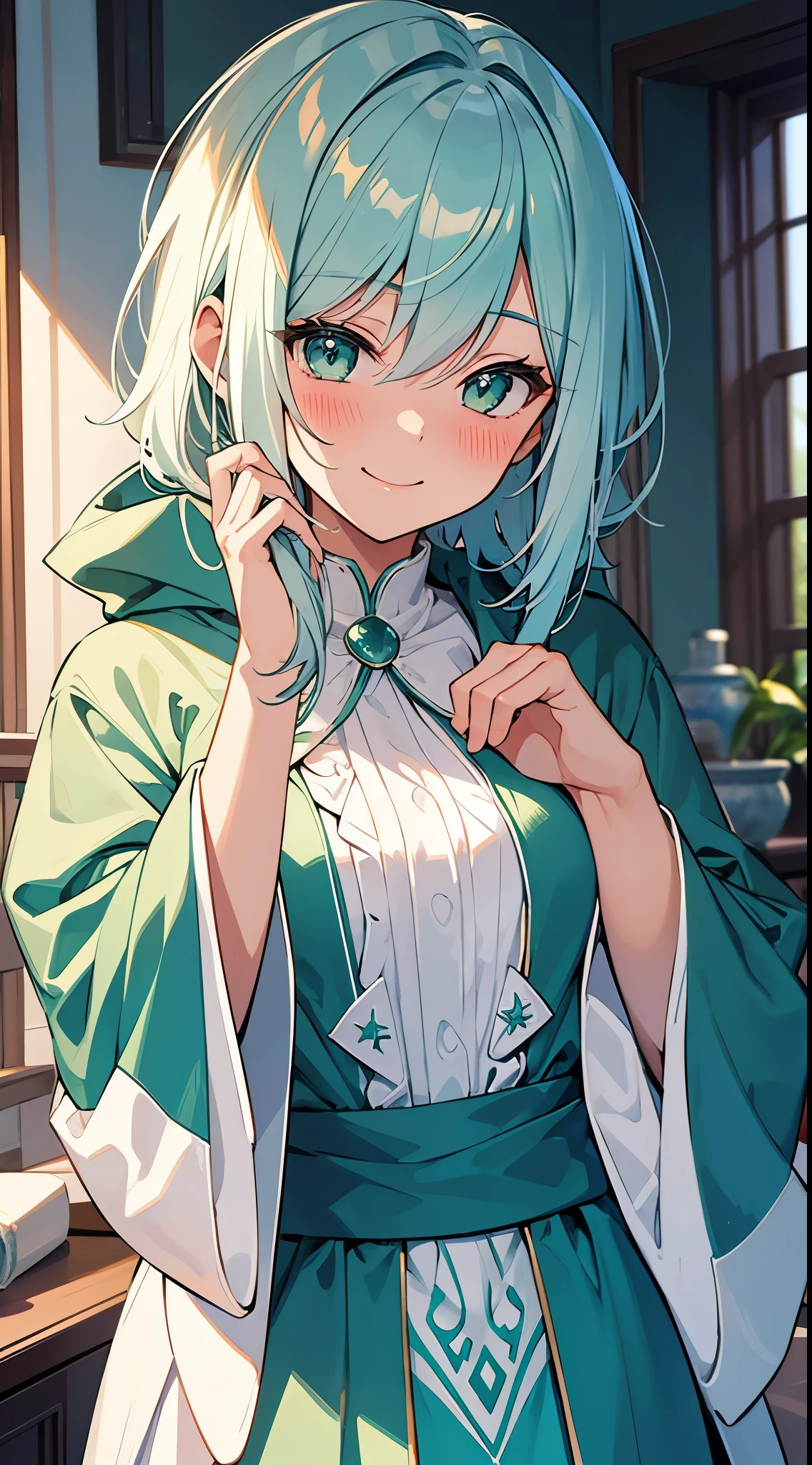 [[[ ultra-detailed, best quality, soft skin, beautiful]]], portrait, green viridian eyes, white hair with shades of blue, undine, mage robes, room background, smiling, blushing.