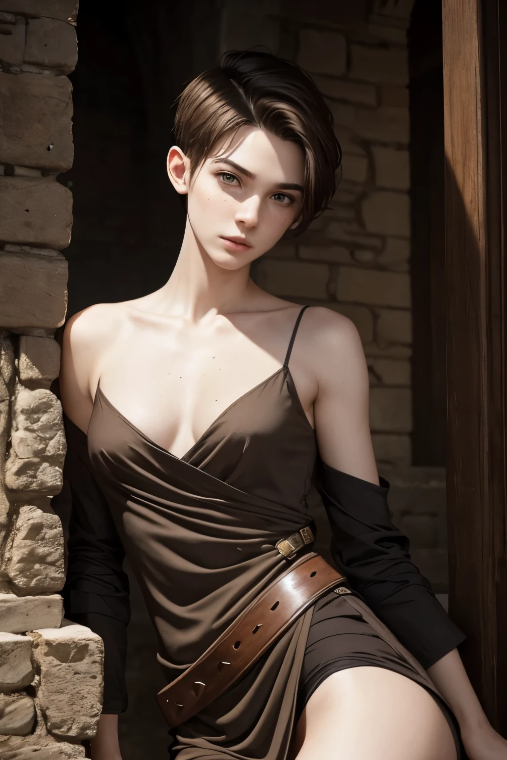 An androgynous female noble woman. Fantasy setting. Very short hair. Short manly haircut. Dark-brown hair with a undercut. Very pale skin with freckles and liverspots. Round soft face. Round soft chin. Round soft cheeks. Curved lips. Long wide nose. Dark brown eyes. Upturned eyes. Very thin, barely visible eyebrows. Long neck. Slim. Small chest. Long thick legs. Friendly. Kind. Androgynous. Tomboyish. Wearing simple clothing. Inside a medieval castle.