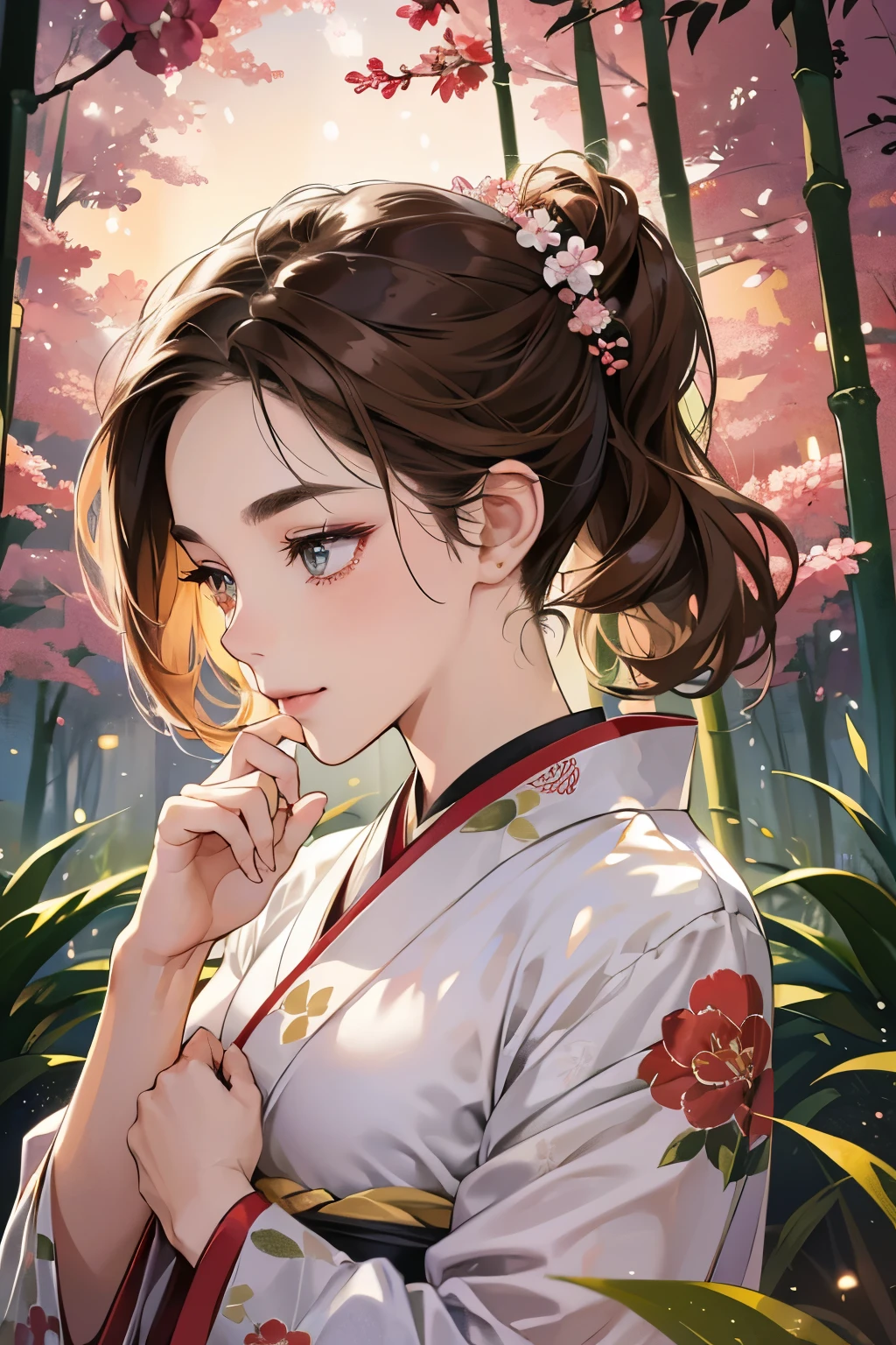 (masutepiece, Digital Art, Digital Illustration, 4K, 8K, Ultra-detailed, beautiful image, Sharp Image, Photorealistic, Raw photo, Perfect face, Perfect lines, Perfect eyes, Soft lighting) 1 woman, (lightbrown hair,Chignon hair in a high position,Innocent look,Lowered eyebrows,drooping eyebrows,drooing eyes,cute large eyes,natural make up,kindly smile,Round jaws,23 y-o woman:1.3),スーツ姿のハンサムなember性2人, (ember,ember性はスーツ姿,well-muscled,Firm shoulder width, emberの,Boyish hairstyle,English gentlemanly style,クールな表情の30代ember性,明るい笑顔の28歳ember性:1.2),(Nervous,be shy,sleepy,embarrassed from:1.2),innocent smiles,(embarrassed from,Shy smile:1.1),Deep in the forest、hideout、Hot Spring Ryokan、Japan Traditional Night Kimono,Kimono with red peony pattern isolated on white background、Floral hair ornament,raise arms,Walk,appearance、bamboo forest garden、outdoor bath、the kiss、a couple、a couplethe kiss、Romance、the kiss