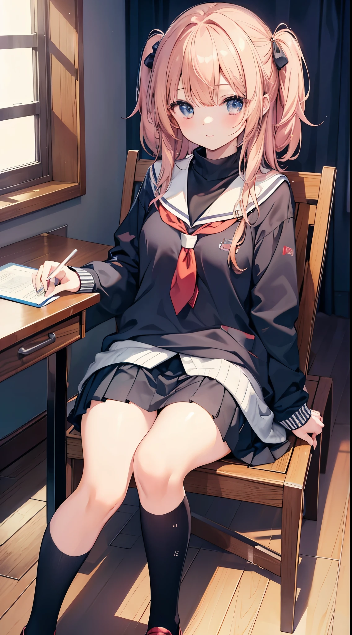 (Best Quality:1.3)、1girl in、hi-school girl、a miniskirt、Sitting cross-legged in a chair、Cute anime illustration、