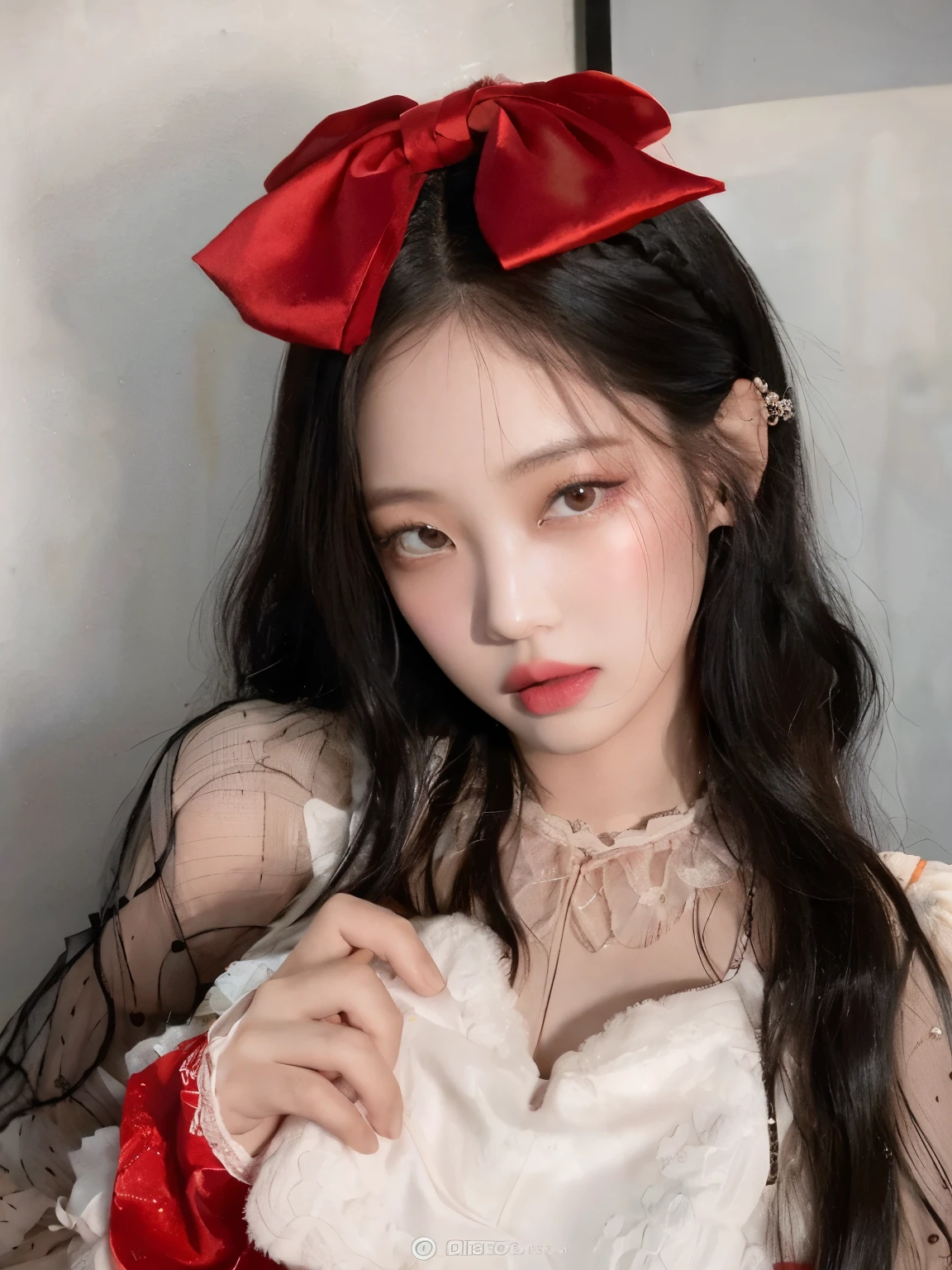 un primer plano de una mujer que llevaba un vestido rojo y un conejo blanco, ulzzang, Sha Xi, lazo rojo en el cabello, cruel korean goth girl, un lazo rojo en su cabello, Heonhwa Choe, Jinyoung Shin, pale snow white skin, Jisoo de Blackpink, Retrato Jisoo Blackpink, terciopelo rojo, Fairycore, Retrato de Jossi de Blackpink
