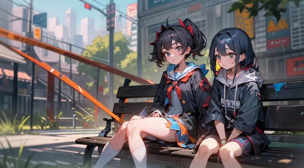 2girl, sitting on a bench, talking to each other, park