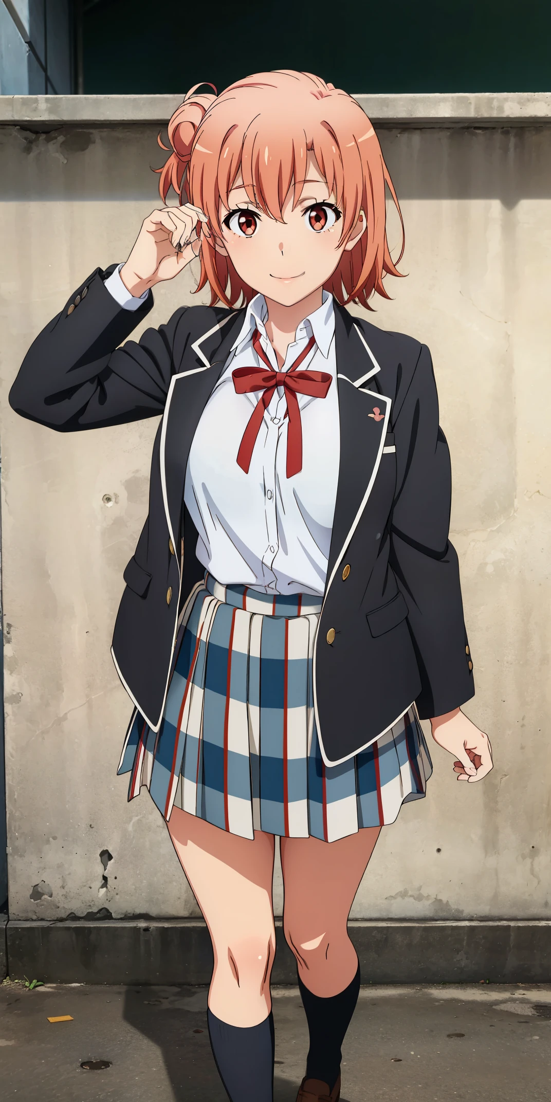 Best quality, masterpiece, highres, 1girl, Yuigahama yui, school uniform, Plaited skirt, short hair, red ribbon, white shirt, black jacket, big boobs, Standing, smile, school background