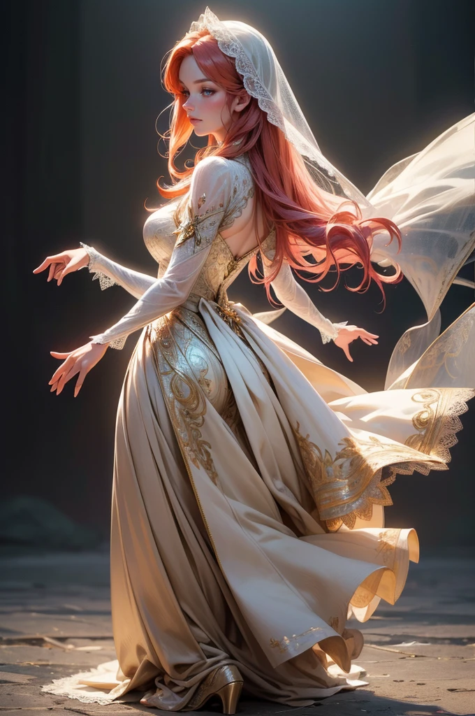 {-erro_de_anatomia:1.0}(best quality,4k,8k,highres,masterpiece:1.2), ultra-detailed, (realistic,photorealistic,photo-realistic:1.37), mature milf, illyasviel von einzbern, redhead hair, full body, vibrant colors, glowing skin, mesmerizing eyes, elegant pose, enchanting background, delicate lace dress, surreal lighting, ethereal atmosphere, mystical aura, intricate details, artistic medium, digital illustration, fantasy, anime, dancing litghtly, backwards, looking back