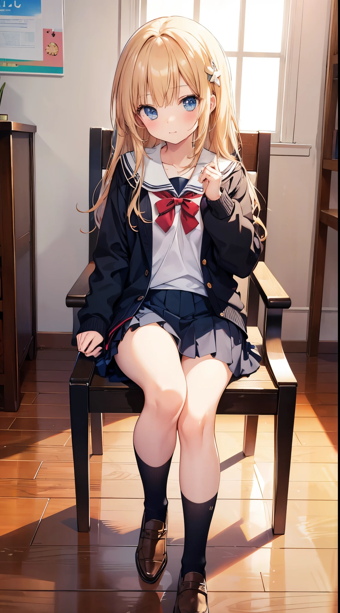 (Best Quality:1.3)、1girl in、hi-school girl、a miniskirt、Sitting cross-legged in a chair、Cute anime illustration、