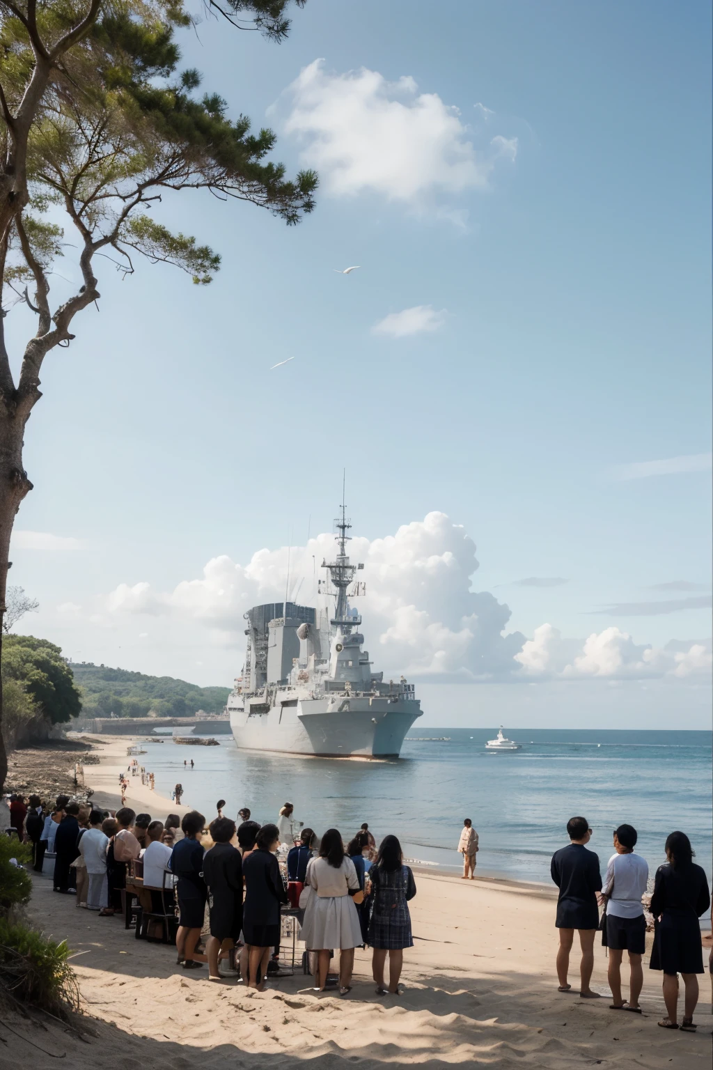 An old-style painting of the sea and the coast of Japan, where the Meiji king is sitting on the throne on the beach and the Japanese people are standing next to him and are watching the arrival of the American warships, it is a 17th century style painting.