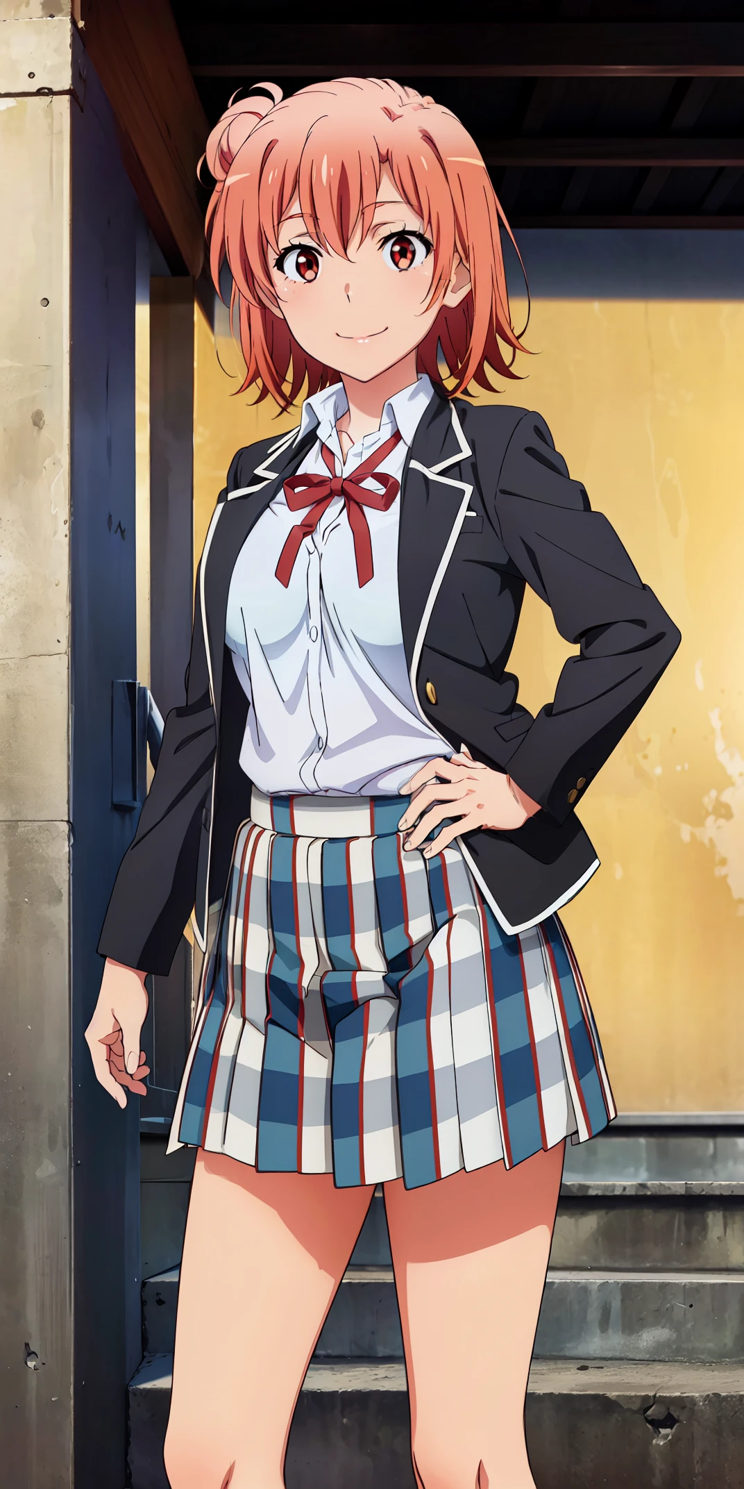 Best quality, masterpiece, highres, 1girl, Yuigahama yui, school uniform, Plaited skirt, short hair, red ribbon, white shirt, black jacket, big boobs, Standing, smile, school background