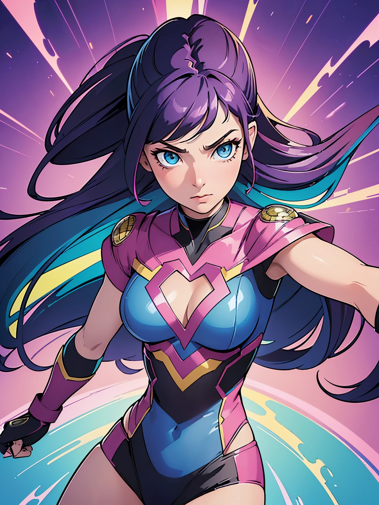 (high-quality, 4k, masterpiece:1.2), ultra-detailed, vibrant colors, (collage, mixed media:1.1), (portraits:1.1), (superhero:1.1), (transformation:1.1), (feminine power:1.1), 1 girl, (office attire:1.1), (power pose:1.1), intense eye contact, long flowing hair, (dynamic:1.1) poses, (magical background:1.1), vibrant colors, shining spotlight, dramatic shadowoot details:1.1), (bare legs:1.1)