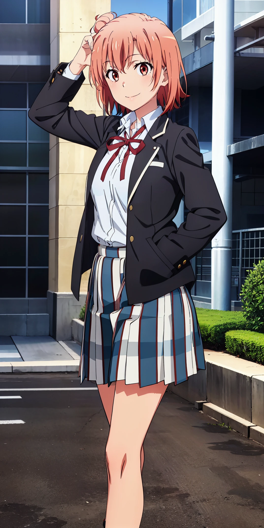 Best quality, masterpiece, highres, 1girl, Yuigahama yui, school uniform, Plaited skirt, short hair, red ribbon, white shirt, black jacket, big boobs, Standing, smile, school background