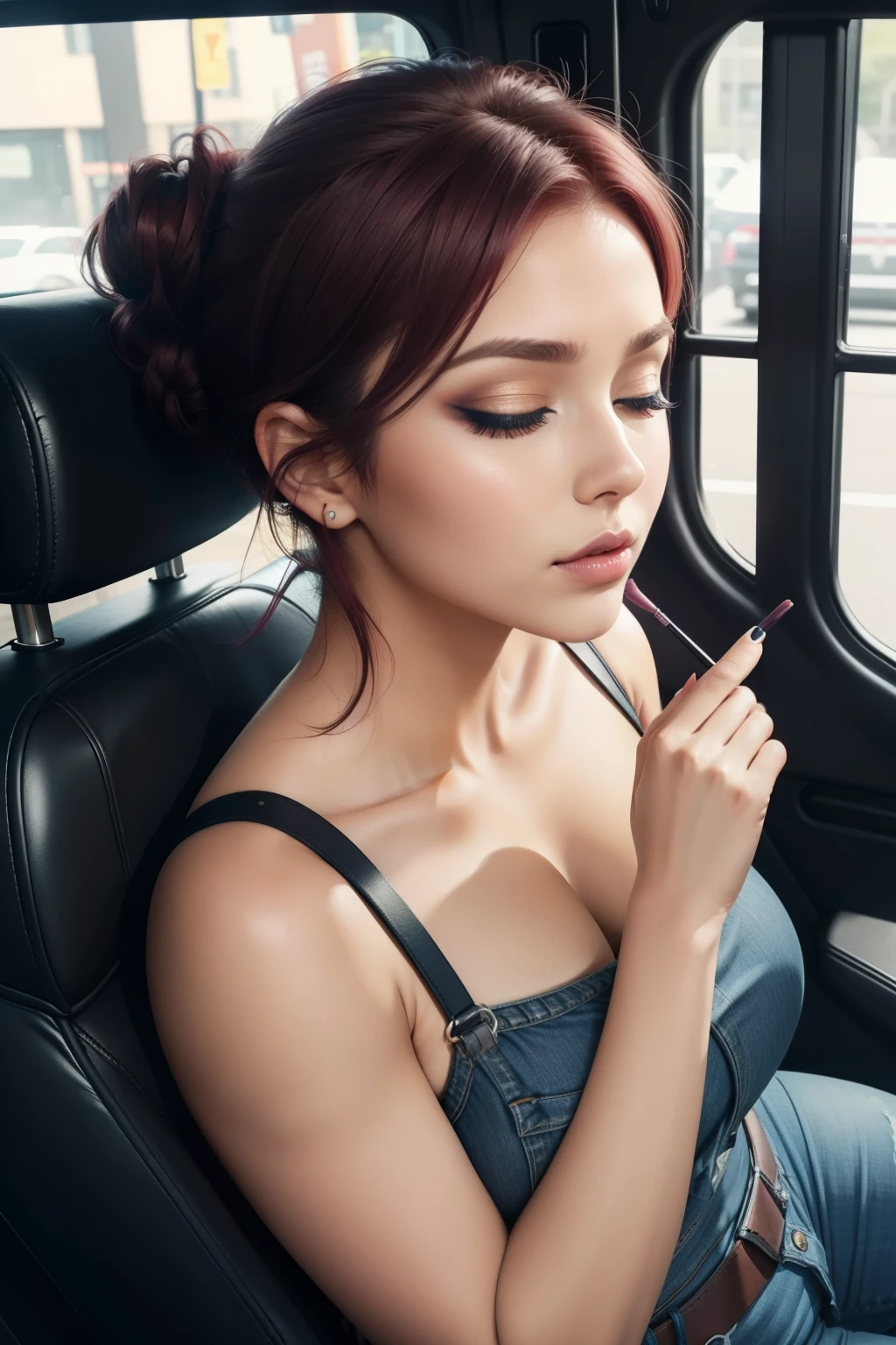 1 beautiful woman, large body, curvy, maroon hair, short hair, face made up, hair tied up in a bun, hair over the face, black low-cut blouse, FINGERS CROSSED, shot from above, top angle perspective, blue jeans, handbag blue, big nails, eyelids made up, eyelids outlined, asleep lying on a bus, head resting on the seat, eyes closed, MOUTH OPEN WIDE, (Very intense makeup))
