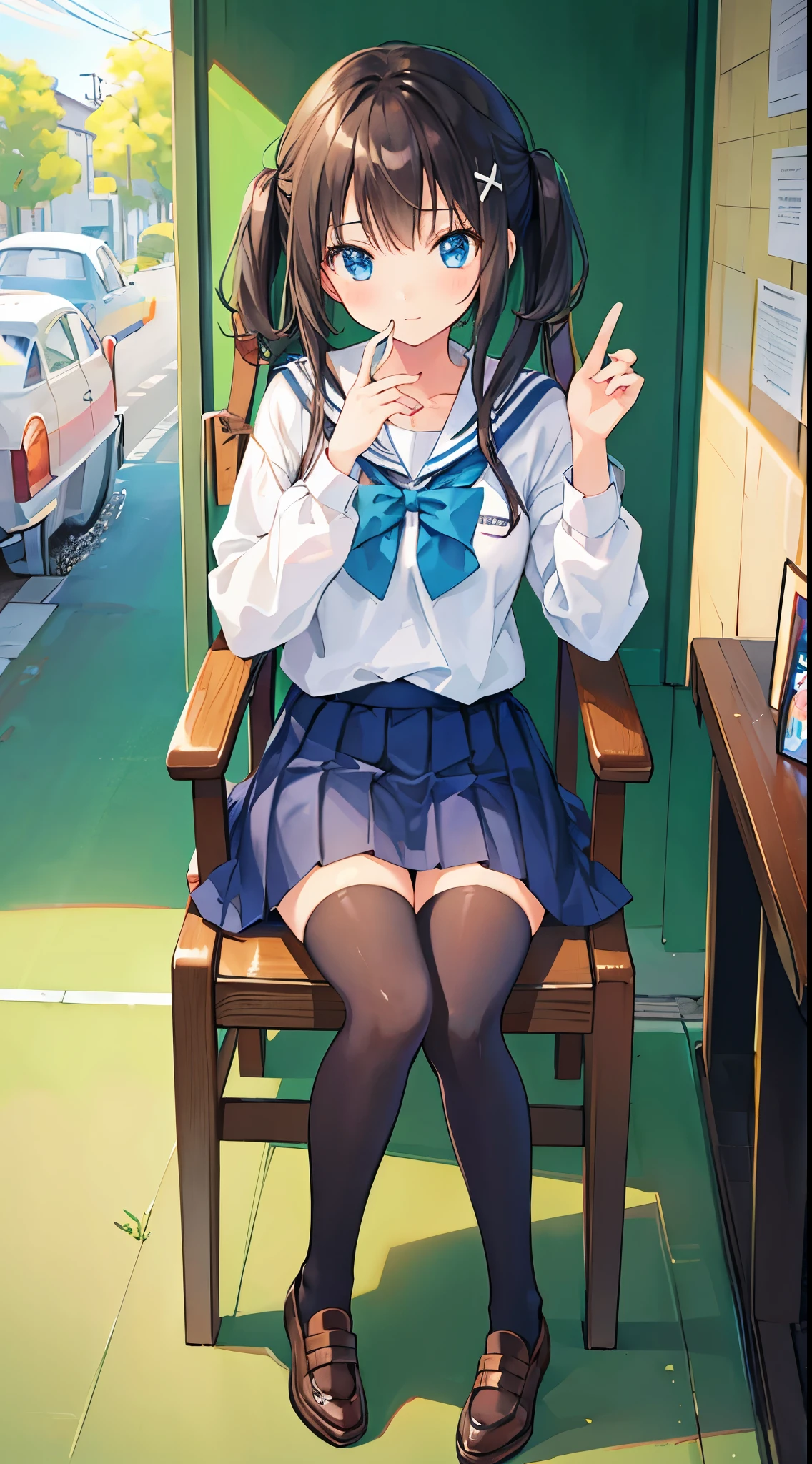 (Best Quality:1.3)、1girl in、hi-school girl、a miniskirt、Sitting cross-legged in a chair、Cute anime illustration、