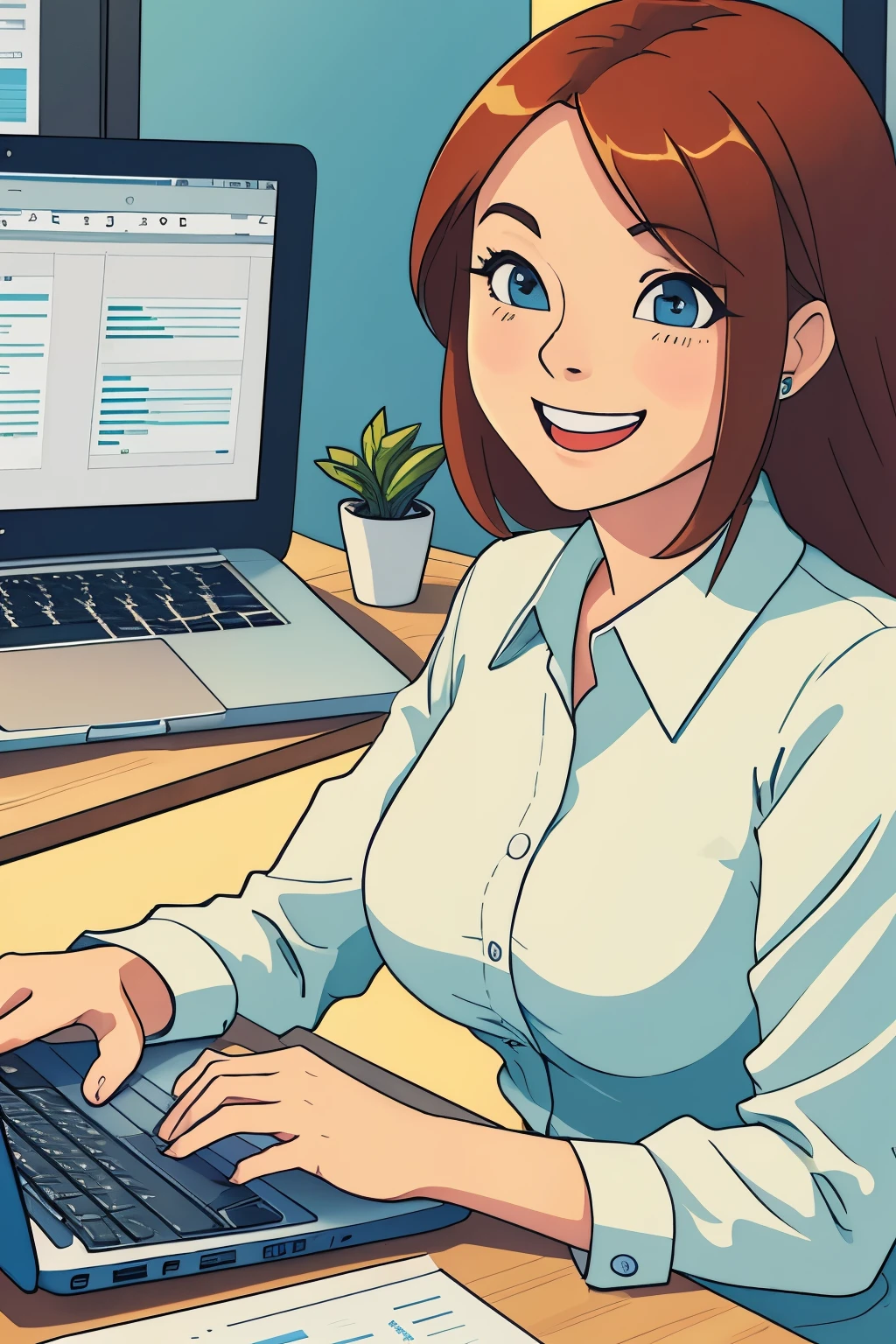 Actuarial Consultant working on Excel at her Laptop, joyful face, business scenario