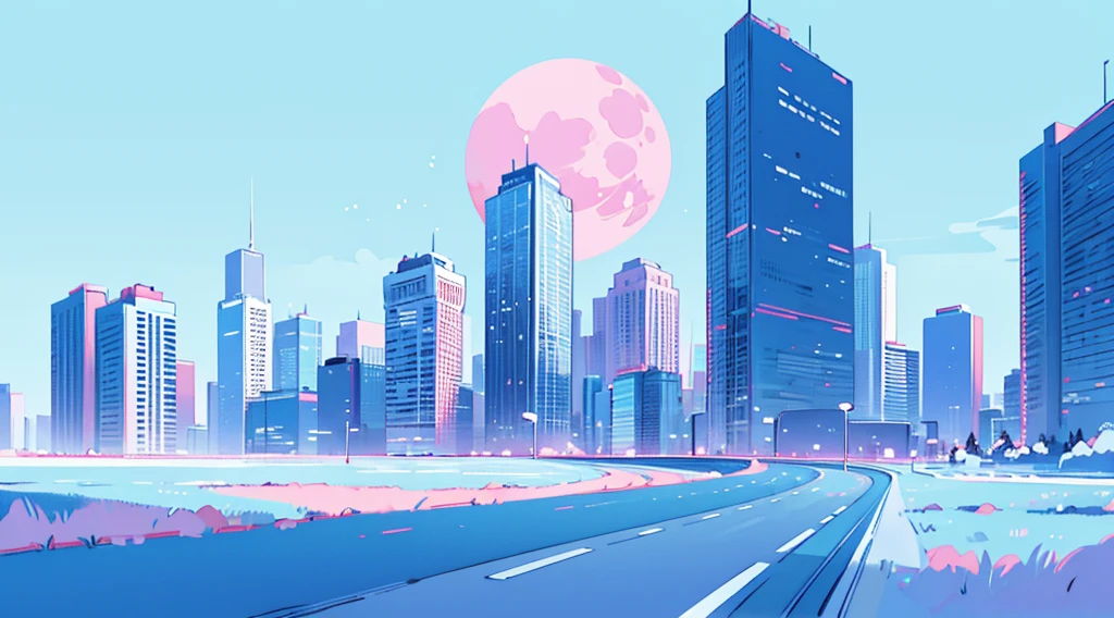 (skyscrapers, pink glowing road, starry blue sky, big moon), (low contrast, flat color, limited palette)