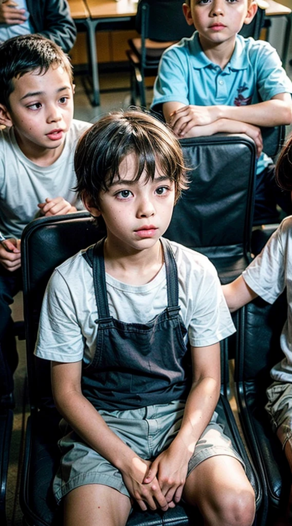 Boy at school with his friends telling a story sitting in the school cafeteria drinking milk with a creative imagination when listening to his he had an idea