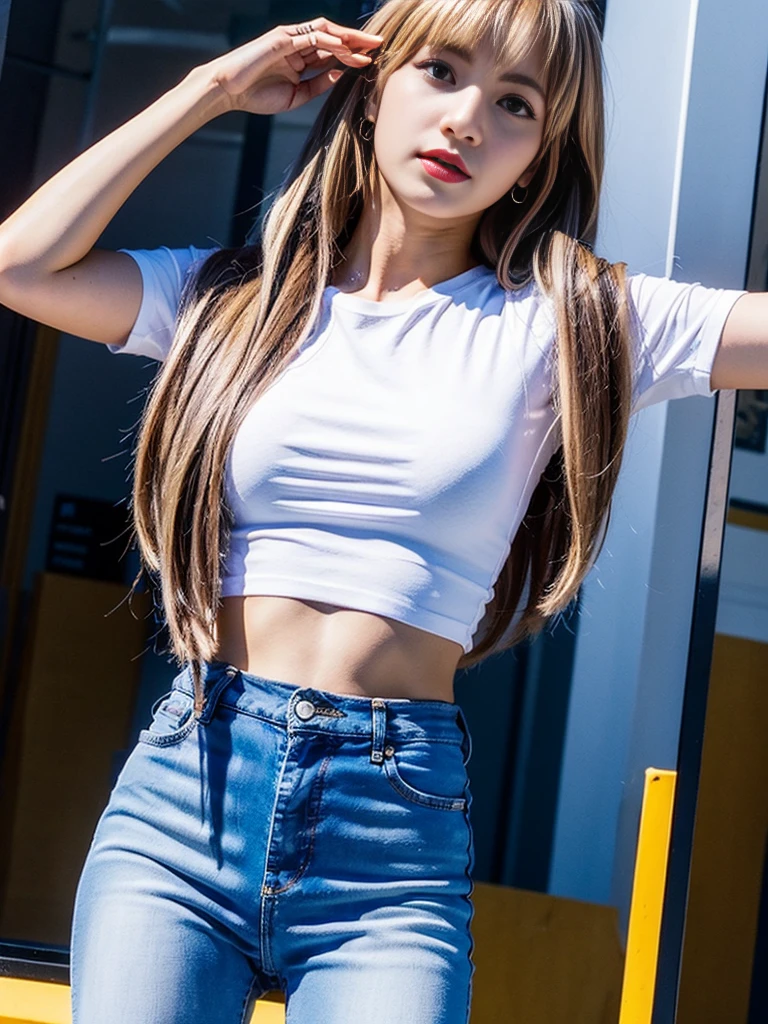 Lisa light yellow long hair, Lisa face shape, wearing a tight white T-shirt, open waist, light blue short jeans, long legs, masterpiece, superlative, realistic, HD, photography lighting, 16k