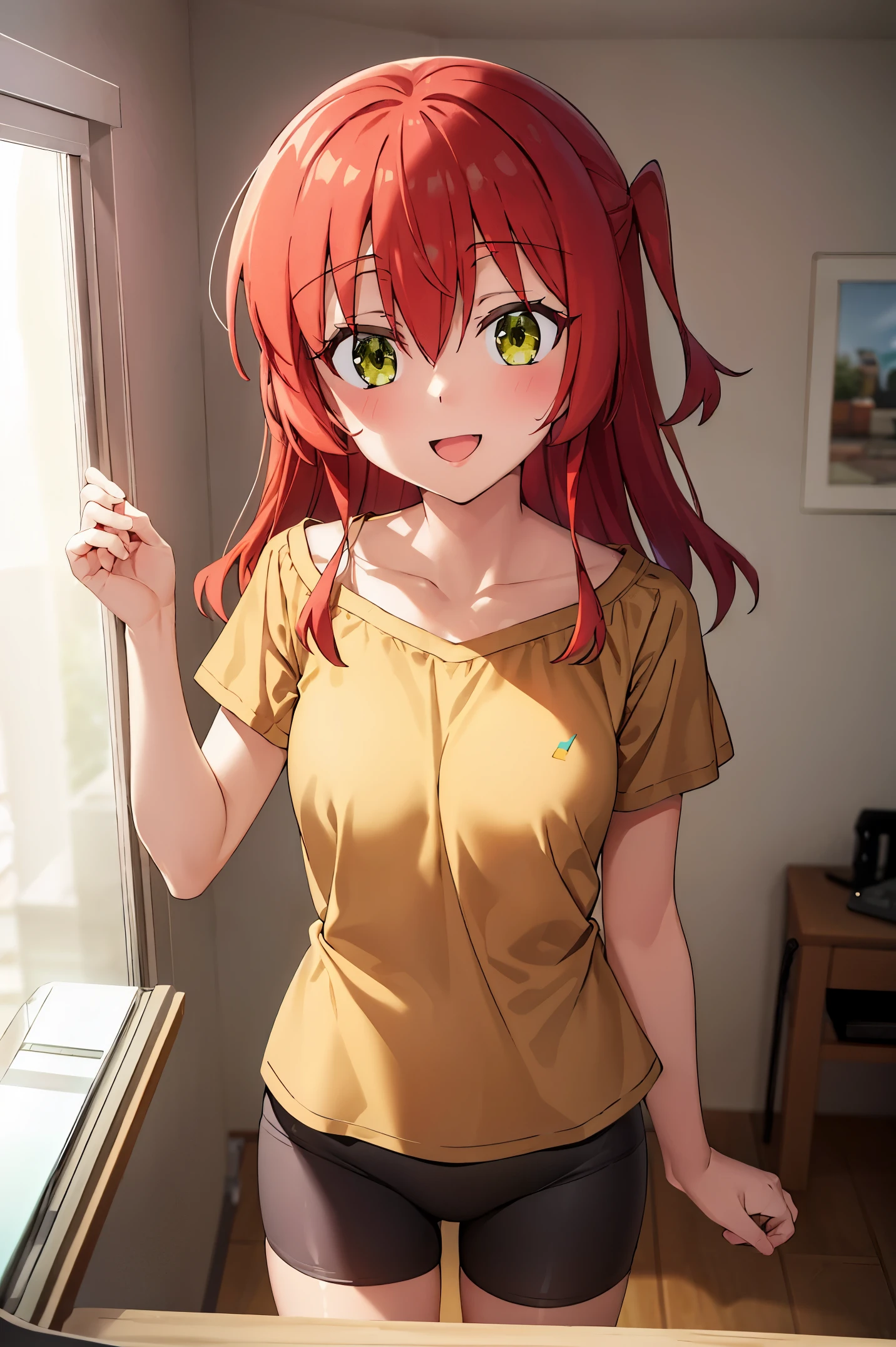 Room, 1 girl, best quality, ultra high res, long hair, red hair, green eyes, yellow shirt, short sleeves, bike shorts, looking at viewers, small breast, standing, pov, slim body, body, small body, smile, open mouth