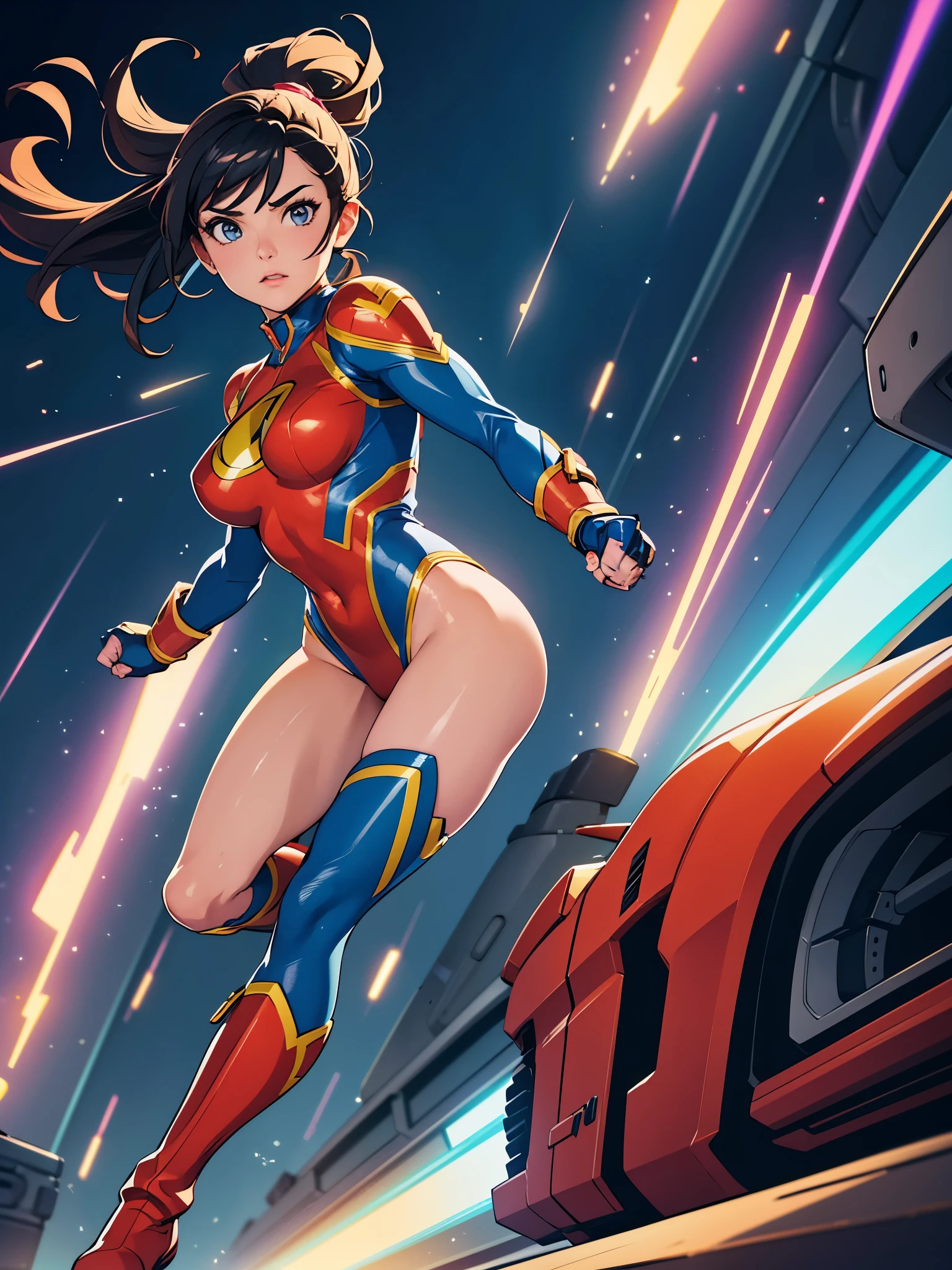 A female superhero spins around at super-speed to travel back in time, leotard, bare legs, boots, gloves, best quality, ultra-detailed, HDR, studio lighting, extreme detail description, professional, vivid colors, portraits, vibrant colors, dynamic lighting