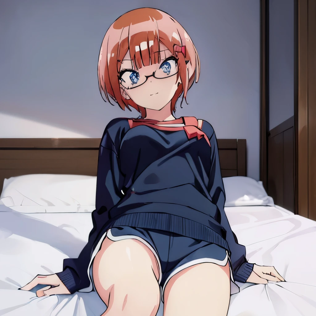 ((masterpiece)), ((best quality)), (ultra-detailed), anime style, on the bed, a cute girl, 1girl, solo, gym shorts00, ((beautiful eyes))0, smile