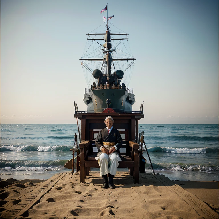 The painting is in the old style of the 18th century, the sea and the coast of Japan, where King Meiji is sitting on the throne on the beach, and next to him, the Japanese people are dressed in traditional 18th century Japanese clothes, and they are watching the arrival of the 18th century American warships.