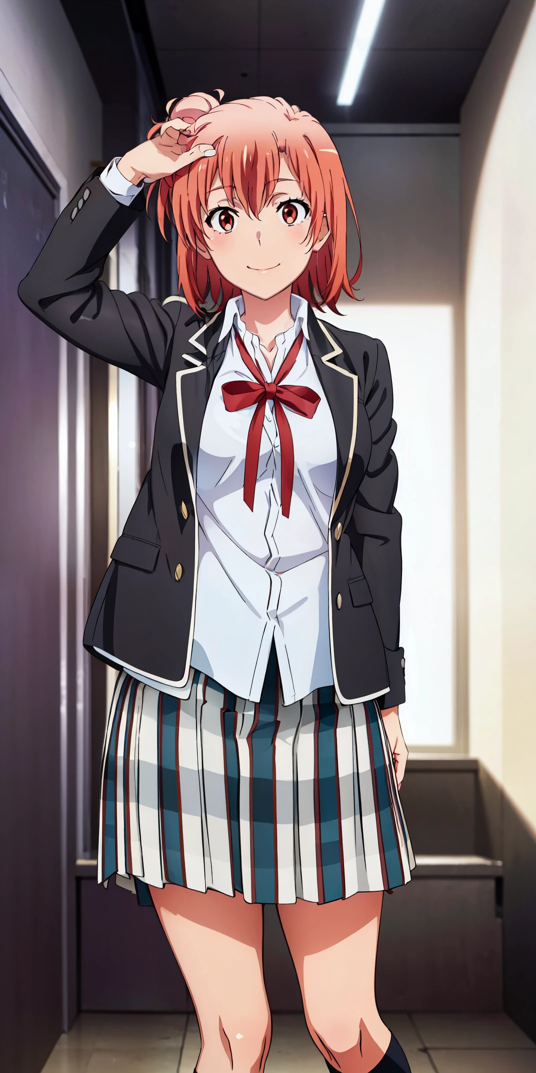 Best quality, masterpiece, highres, 1girl, Yuigahama yui, school uniform, Plaited skirt, short hair, red ribbon, white shirt, black jacket, big boobs, Standing, smile, school background