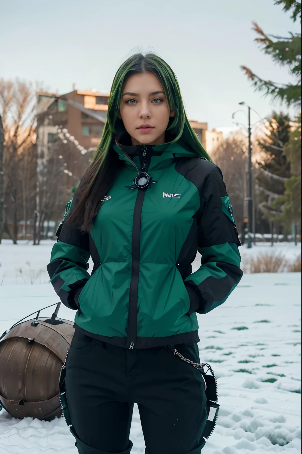 una mujer rusa europea, ojos azules, (((cabello negro con mechas de tono verde))), usando ropa de esquiar ajustada, is posing standing in the snow.