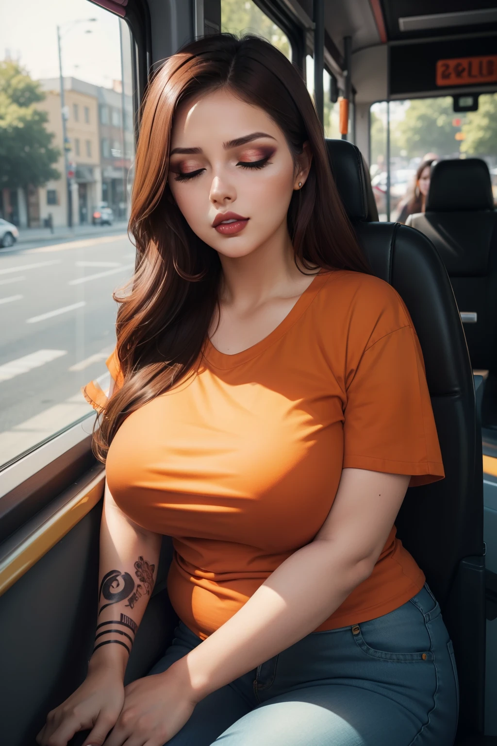 1 beautiful woman, adult, large body, brown hair, maroon lips, eyelids outlined, eyelids made up, orange T-shirt, neckline, black jeans, sleeping sitting on the bus, tattoos on the arm, white nails, mouth open,(( eyes closed)), voluptuous woman, ((Very intense makeup)).
