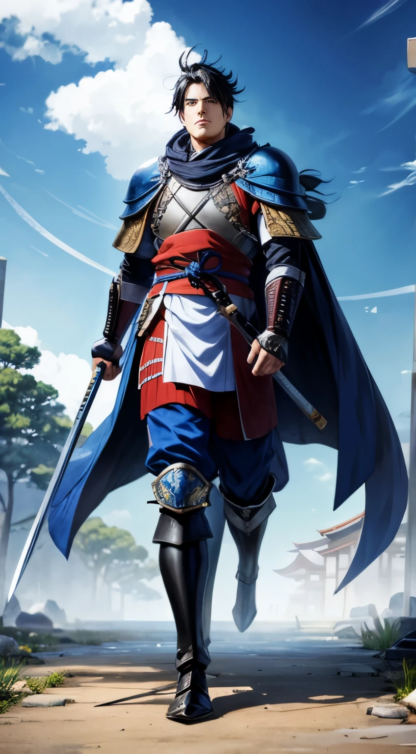 Anime style better quality possible, japan feudal, a samurai strong líon-man, sword in hand, in a horse, blue armor, black boots, blue cape