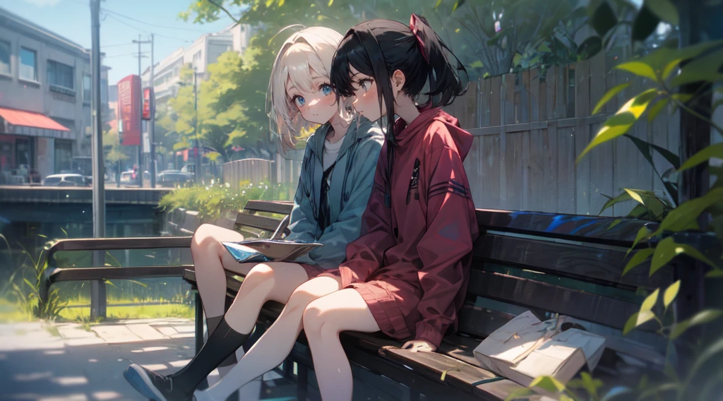 2girls, sitting on a bench, talking to eachother,
