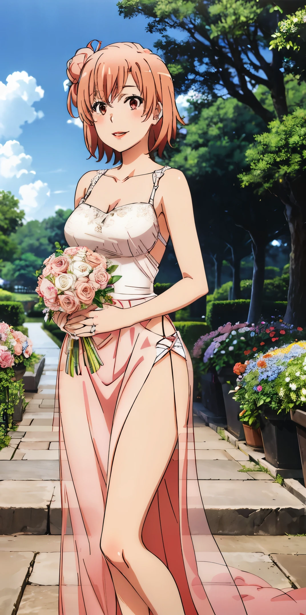 Best quality, masterpiece, highres, 1girl, Yuigahama yui, wedding Dress , red lips, short hair, long dress , bride, flowers in arms, big boobs, Standing, smile, garden background