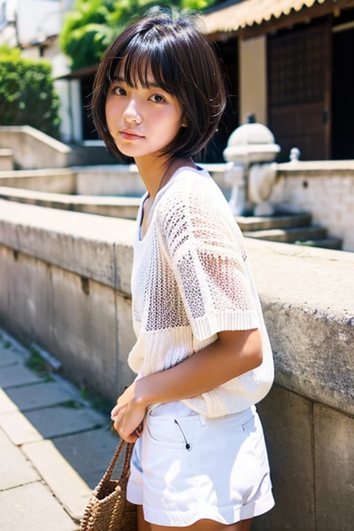 (A beautiful girl wearing a large summer knit)、japanes、terraces、(17 age)、Spinning、(White shorts)、(boyish athlete very short hair)、looks to the side、look away from the camera、