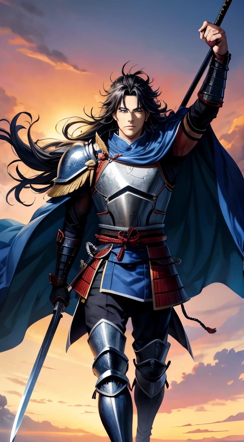 Anime style better quality possible, japan feudal, a samurai strong líon-man he has a face like a lion, sword in hand, in a horse, blue armor, black boots, blue cape