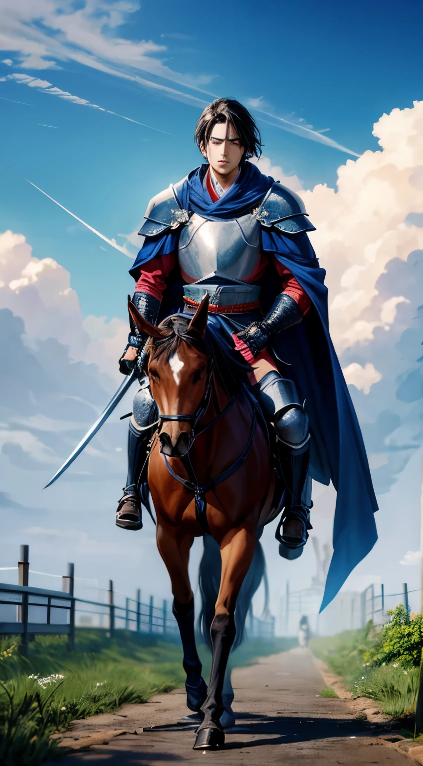 Anime style better quality possible, japan feudal, a samurai strong líon-man, sword in hand, in a horse, blue armor, black boots, blue cape