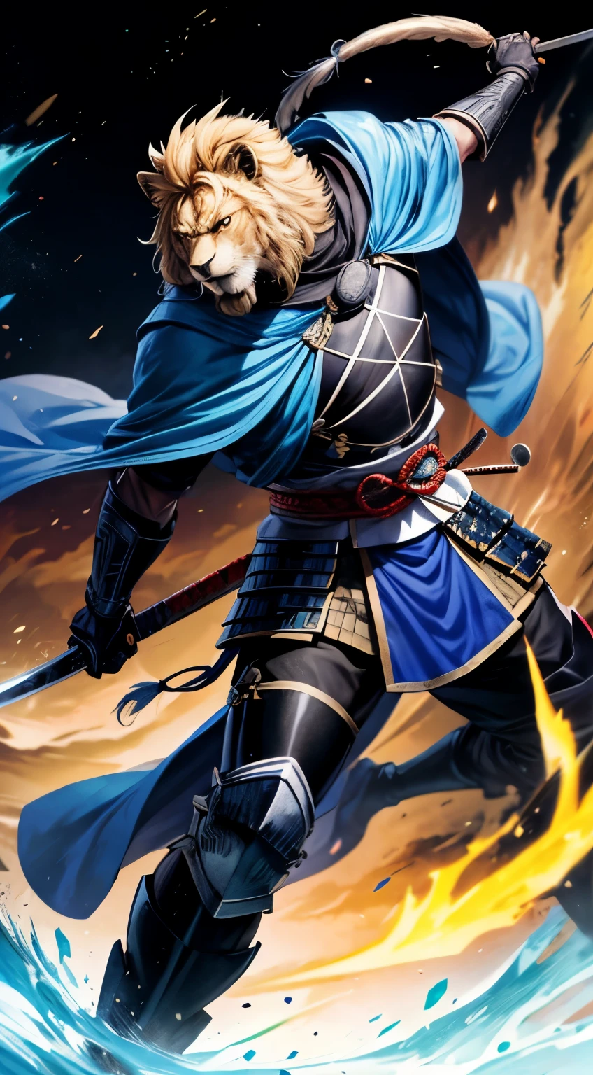Anime style better quality possible, japan feudal, a samurai strong líon-man he has a lion face, sword in hand, and lion' tail, he is in a horse, forest way, blue armor, black boots, blue cape