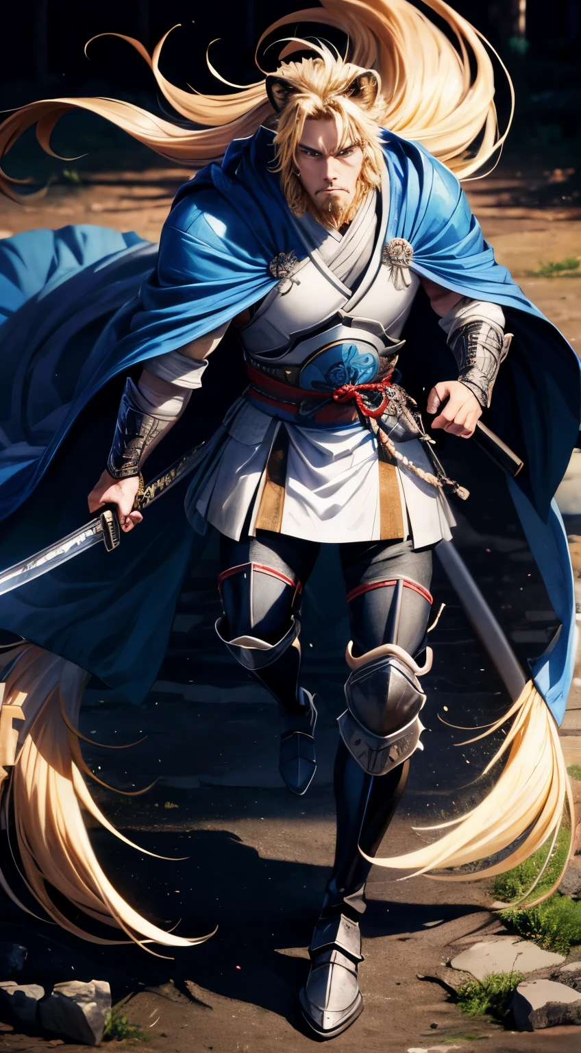 Anime style better quality possible, japan feudal, a samurai strong líon-man he has a lion face, sword in hand, and lion' tail, he is in a horse, forest way, blue armor, black boots, blue cape