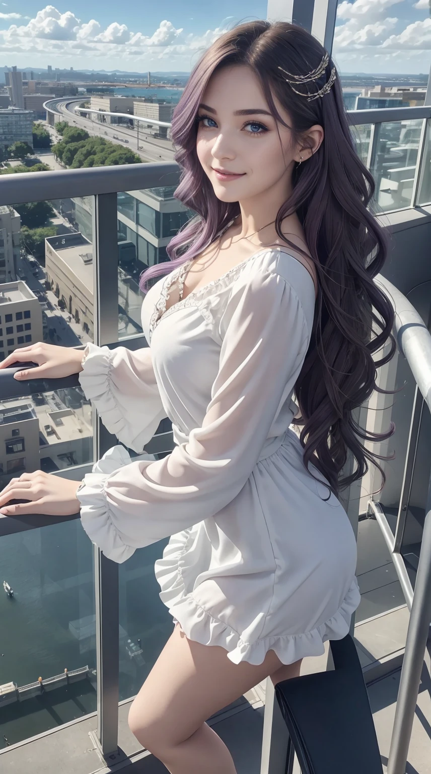 24-year-old Caucasian woman、Hair color is a gradation of brunette and purple、Hair is wavy、Eye color is blue、Longhaire、A slender、a smile、Beautiful breasts、A slenderだが均整の取れた細マッチョな身体、wearing a frilly blouse、She&#39;s wearing a frilly arm dress、I'm wearing jeans、I'm wearing high heels、I&#39;m on a high observation deck with a great view of Europe.、I grabbed the railing and looked at the scenery below.、a smile、I'm wearing a hair ornament、setting hair、Hair flutters in the wind
