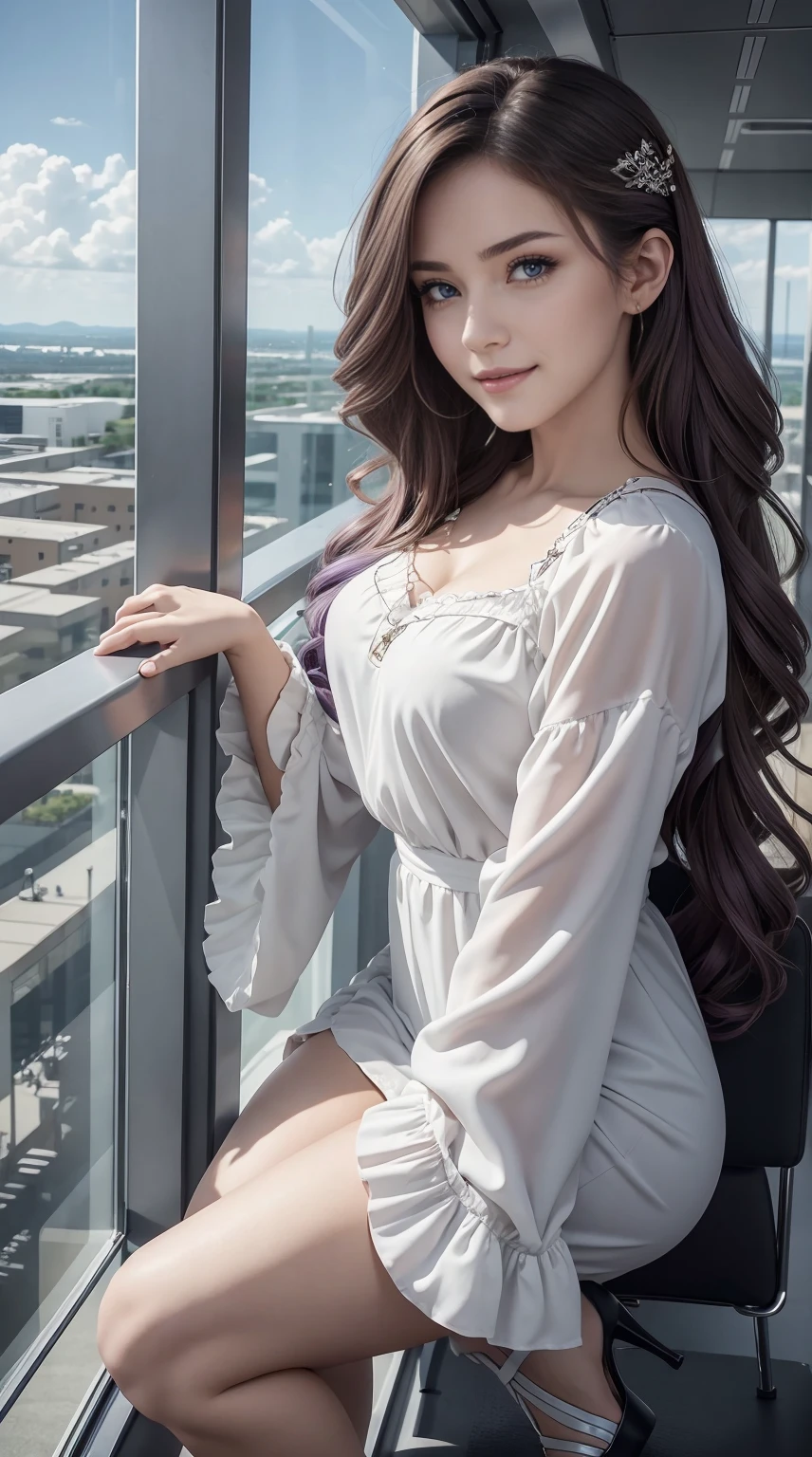 24-year-old Caucasian woman、Hair color is a gradation of brunette and purple、Hair is wavy、Eye color is blue、Longhaire、A slender、a smile、Beautiful breasts、A slenderだが均整の取れた細マッチョな身体、wearing a frilly blouse、She's wearing a frilly arm dress、I'm wearing jeans、I'm wearing high heels、I'm on a high observation deck with a great view of Europe.、I grabbed the railing and looked at the scenery below.、a smile、I'm wearing a hair ornament、setting hair、Hair flutters in the wind
