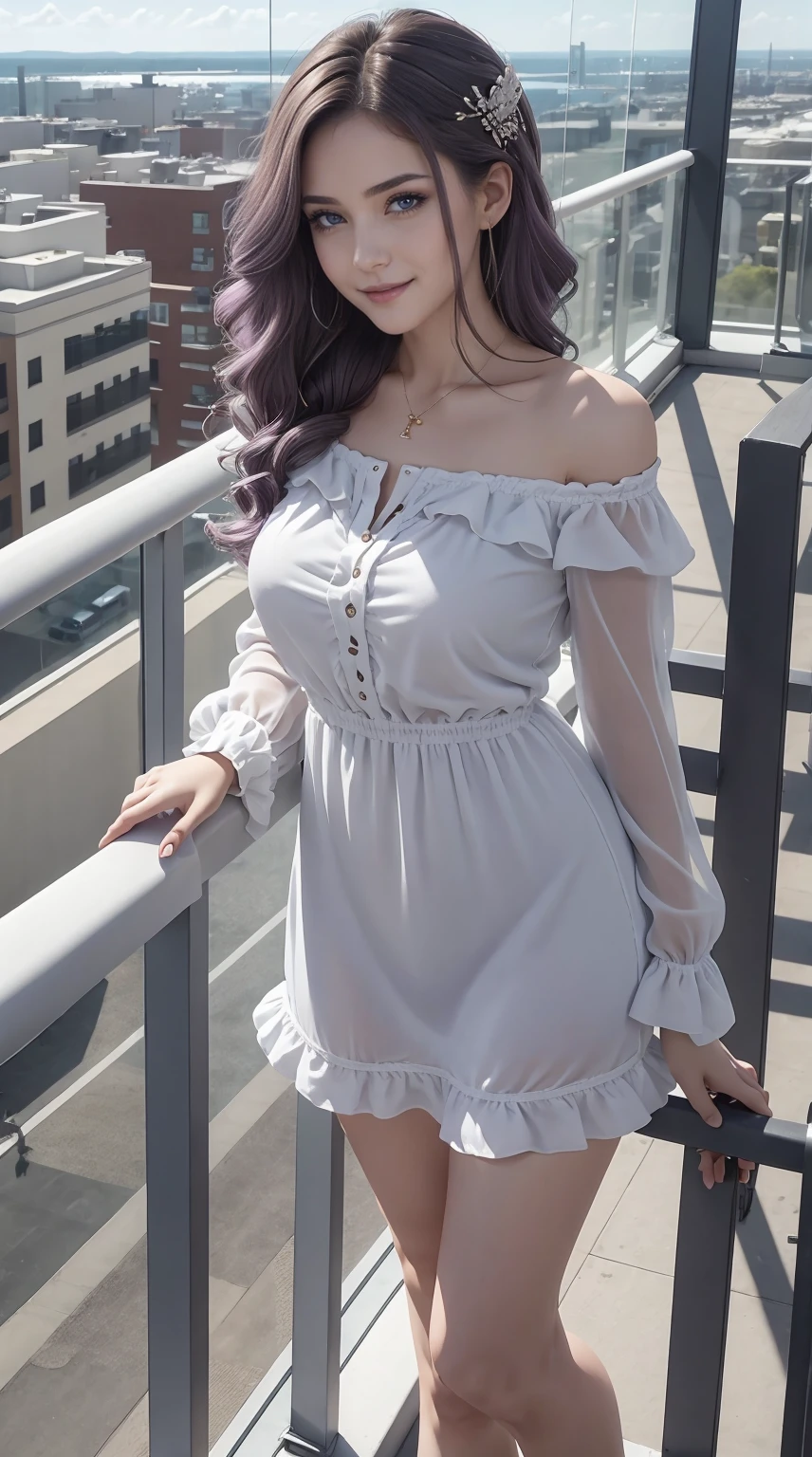 24-year-old Caucasian woman、Hair color is a gradation of brunette and purple、Hair is wavy、Eye color is blue、Longhaire、A slender、a smile、Beautiful breasts、A slenderだが均整の取れた細マッチョな身体、wearing a frilly blouse、She&#39;s wearing a frilly arm dress、I'm wearing jeans、I'm wearing high heels、I&#39;m on a high observation deck with a great view of Europe.、I grabbed the railing and looked at the scenery below.、a smile、I'm wearing a hair ornament、setting hair、Hair flutters in the wind